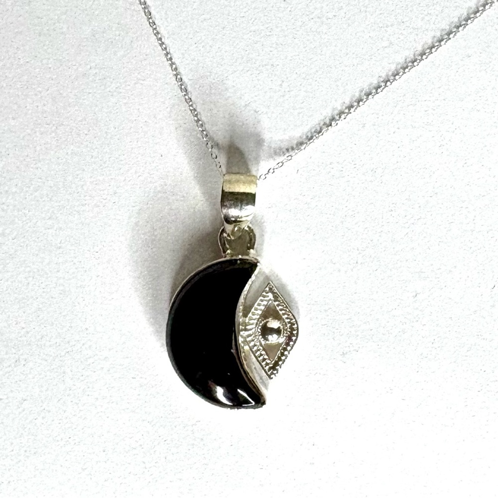 Black Onyx Gemstone Moon Shaped Pendant w/ Evil Eye Sterling Silver on 18” Chain